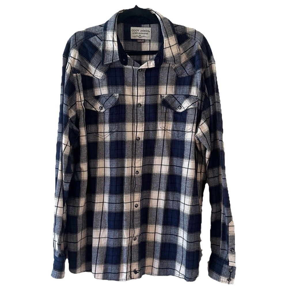 Cody James Blue Ivory‎ Plaid Flannel Western Shirt Pearl Snap Flip Cuff Mens 2XL
